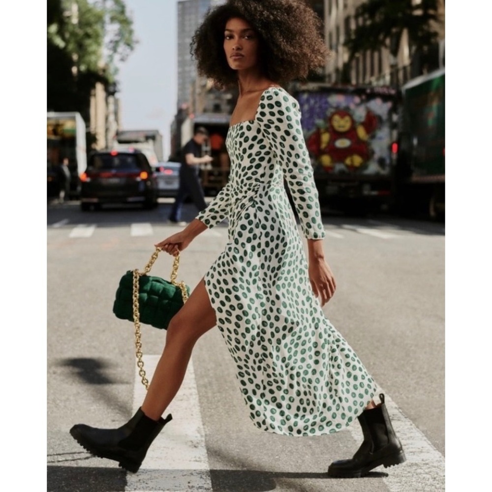 Reformation Aries Green Polka Dot Midi Dress Long Sleeve Slit Square Neck Size 2